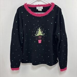 Mandal Bay Ugly Christmas Sweater‎ Black Embroidered Tree Sequins Womens Size L